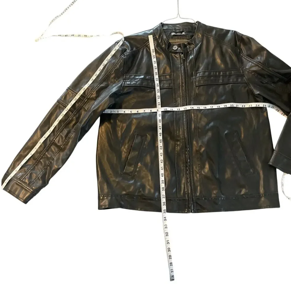 BKE Mens Vtg Quality Faux Leather DK Brown LS Moto Jacket Band Collar Zip XL